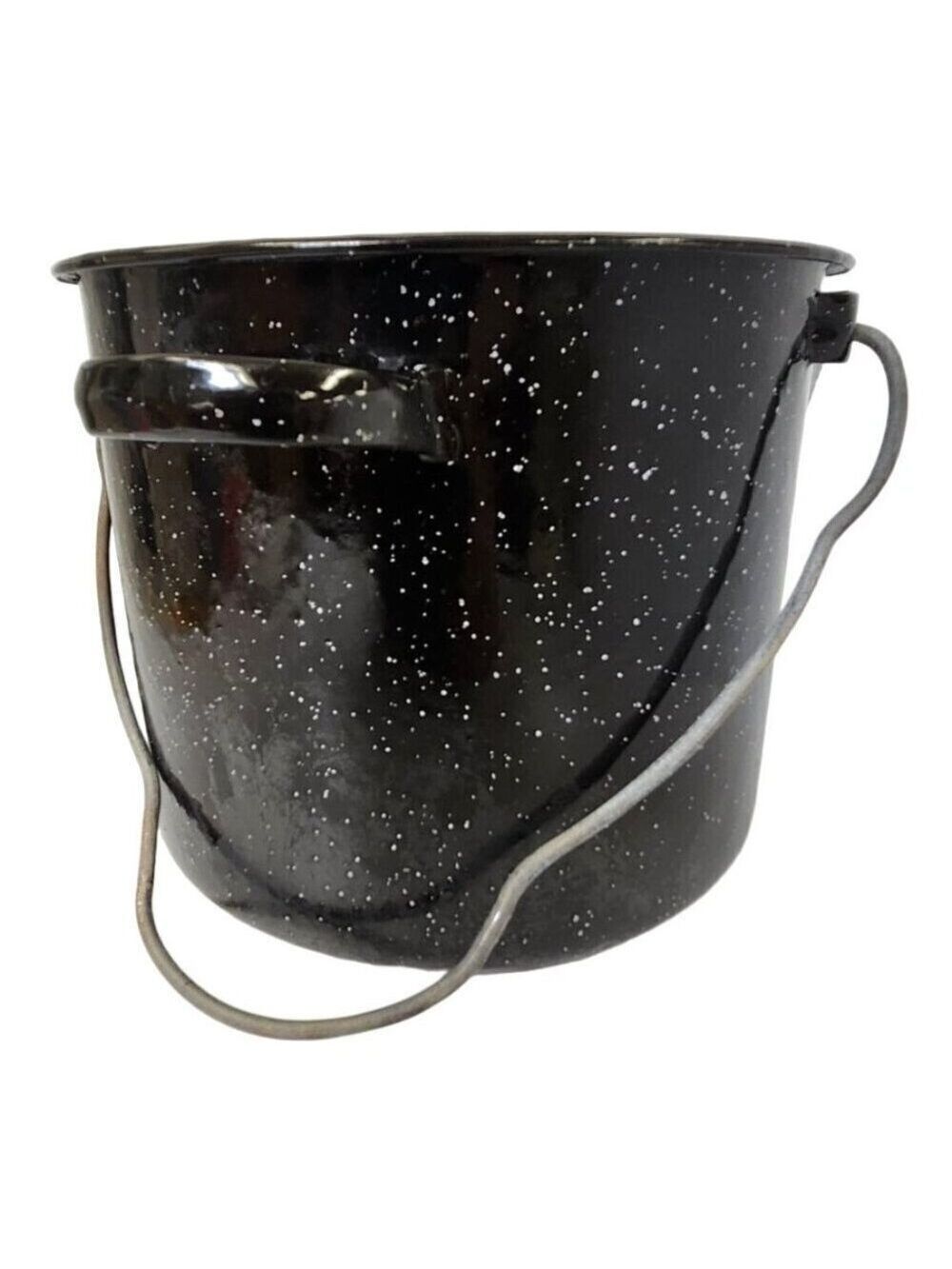Vintage Black Speckled Enamelware Camping Bucket with Handle Versatile Outdoor C